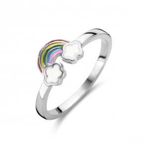 Zilver RH kinderring wolken met regenboog email mt. 15½ - 62